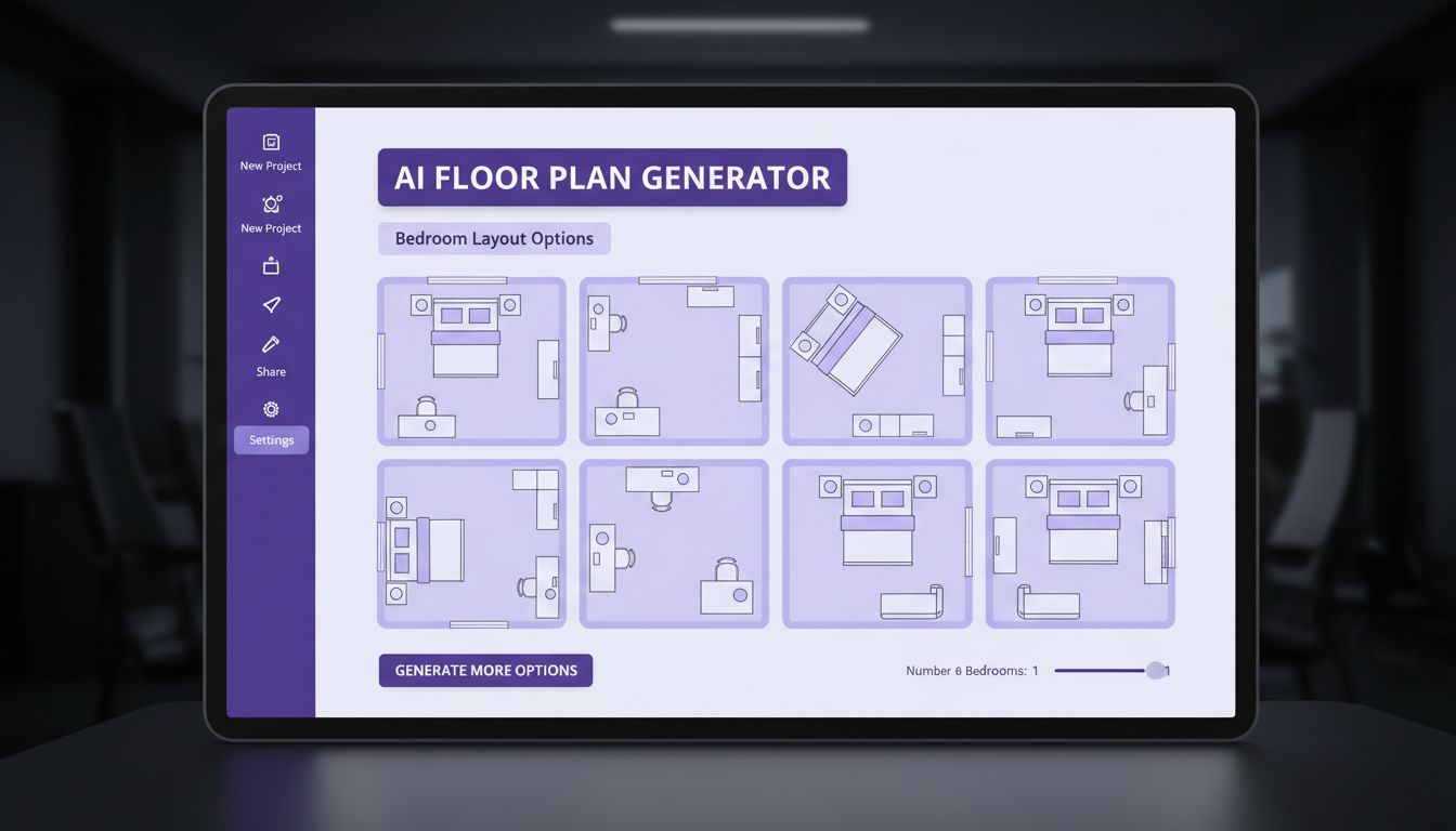 AI floor plan generator interface showing multiple room layout options for a bedroom with furniture placement