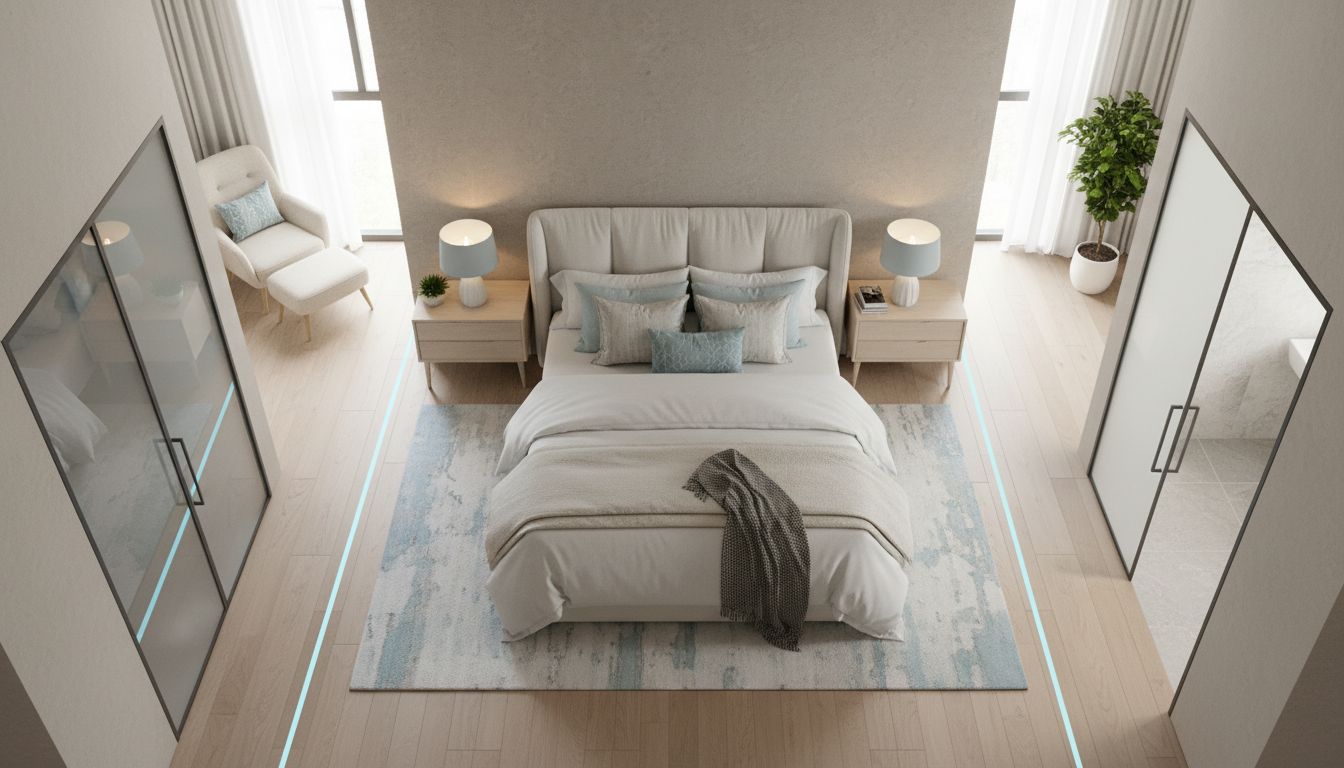 AI bedroom layout planner showing optimal bed placement with nightstands and clear traffic paths to closet and bathroom
