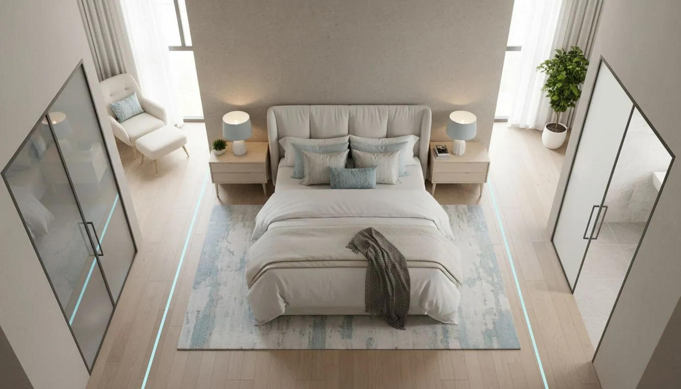 AI bedroom layout planner showing optimal bed placement with nightstands and clear traffic paths to closet and bathroom