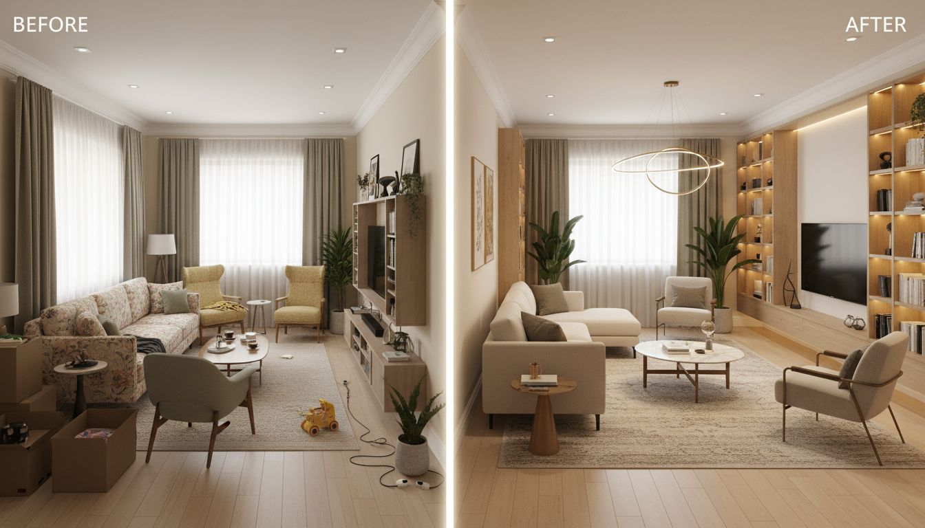 Before and after comparison of AI furniture arrangement showing cluttered room transformed into organized space with proper traffic flow