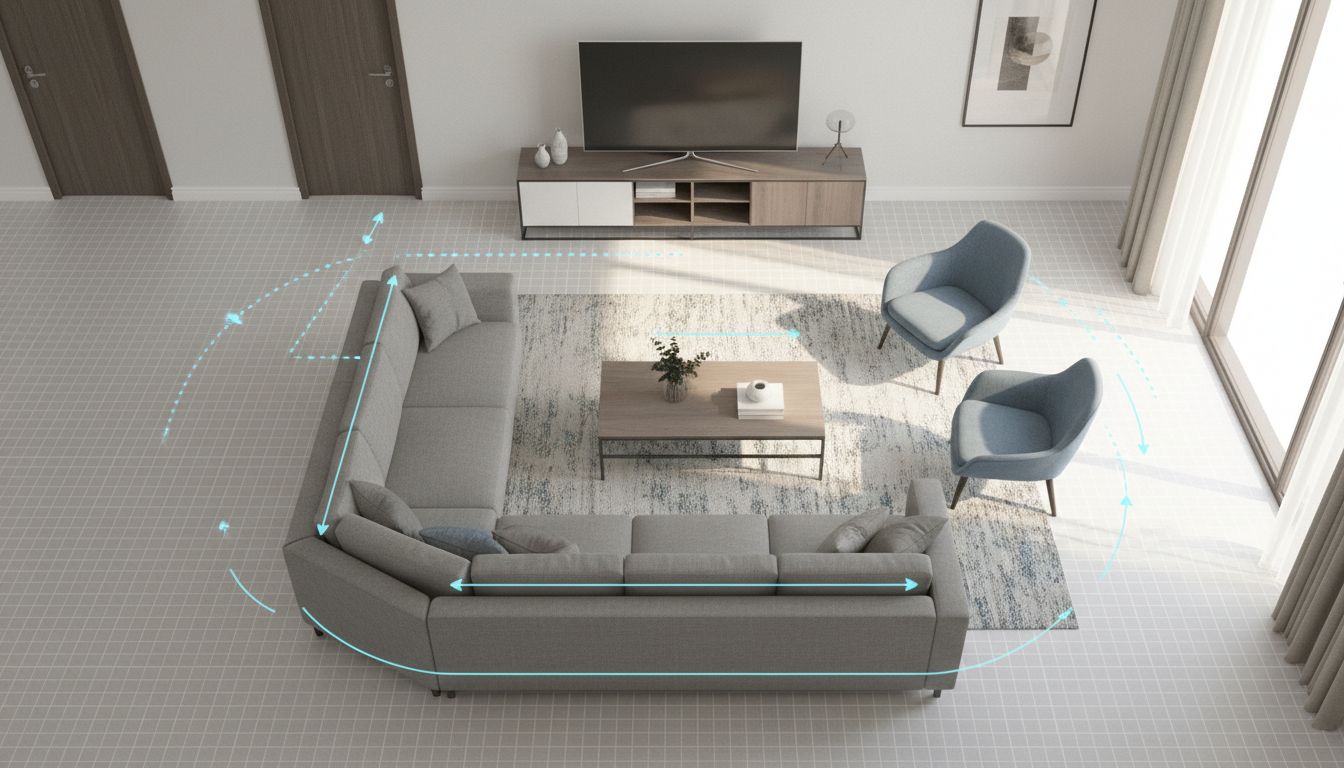 AI room layout planner showing optimized living room furniture arrangement with traffic flow paths highlighted