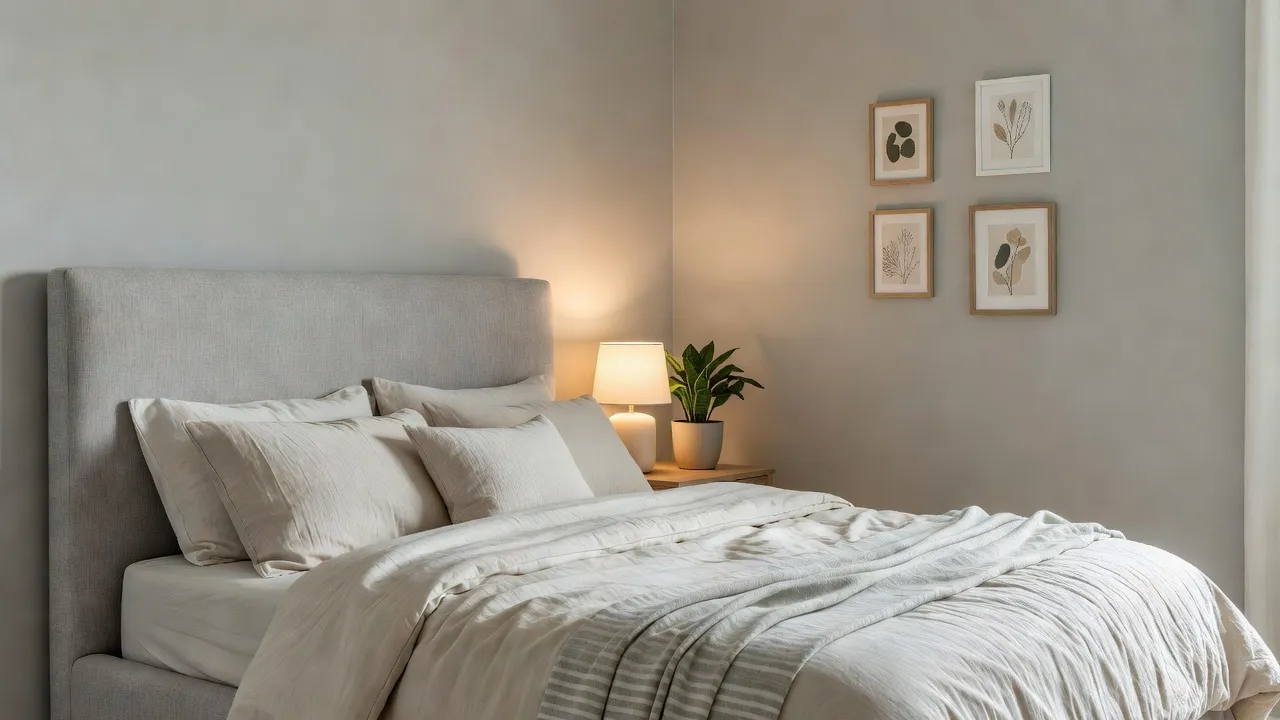 Um pequeno quarto alugado após um makeover de cômodo com IA econômico, com cabeceira estofada, roupa de cama de linho em camadas, iluminação quente e quadros emoldurados