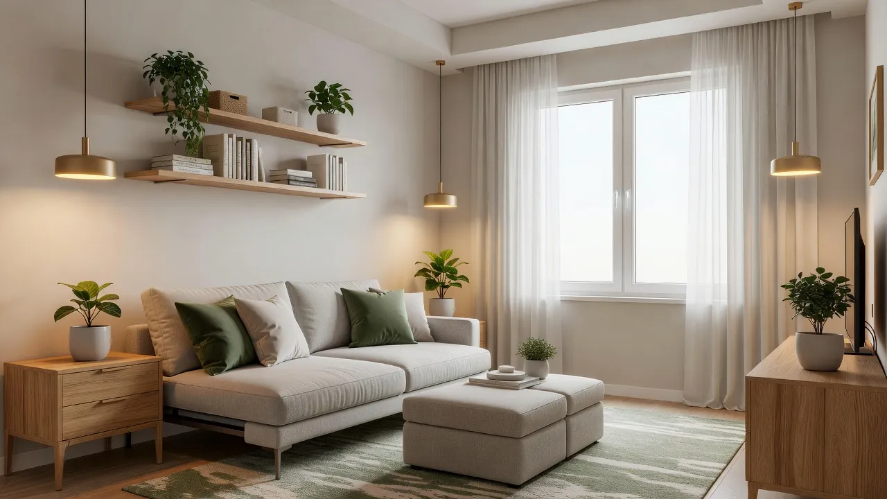 O espaço de estar de um apartamento estúdio compacto após um makeover de cômodo com IA, com móveis multifuncionais, detalhes em verde-sálvia e iluminação quente