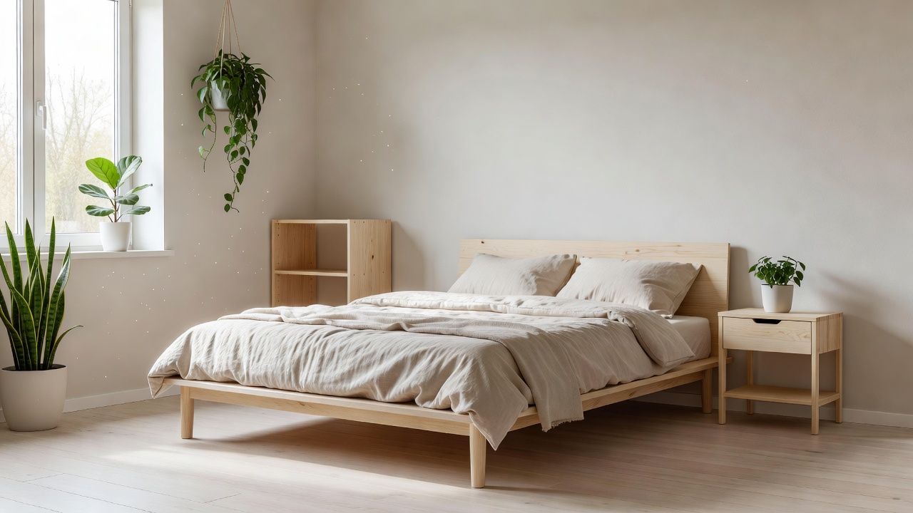 KI Raumvisualisierer Ergebnis: ein Schlafzimmer im skandinavischen Stil mit hellem Holz, Leinenbettwäsche und Morgenlicht