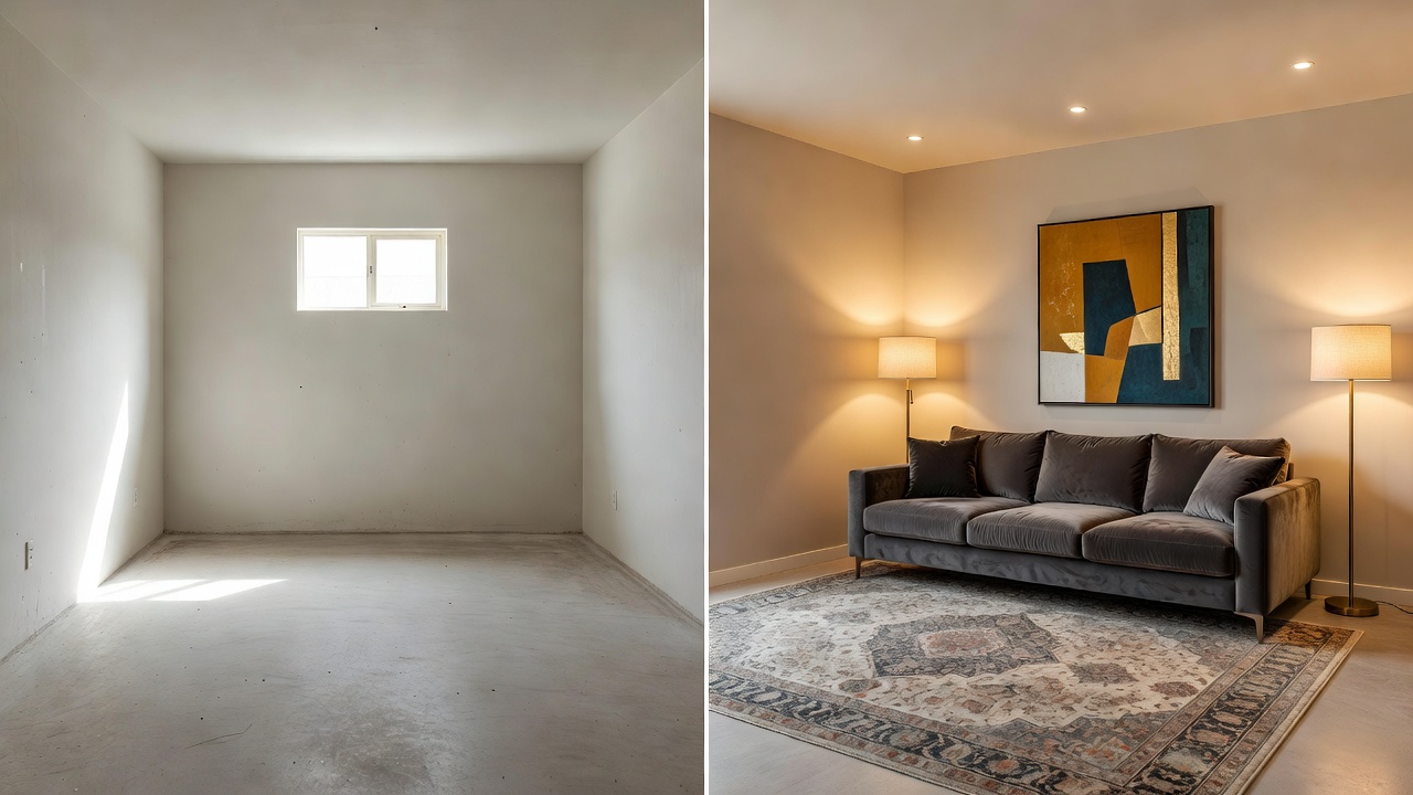 KI Raumvisualisierer Vorher-Nachher: ein schlichtes Wohnzimmer wird zu einem gestalteten Raum mit Sofa, Teppich und Kunst