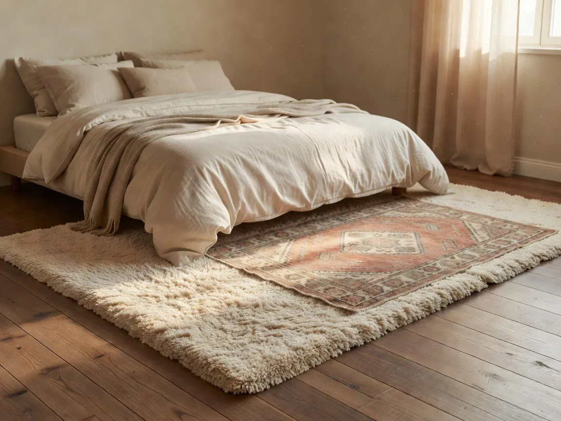 Un dormitorio acogedor con una suave alfombra de pelo largo en color crema superpuesta con una alfombra de acento más pequeña de estilo vintage junto a una cama baja de plataforma, previsualizado con una app visualizadora de alfombras con IA