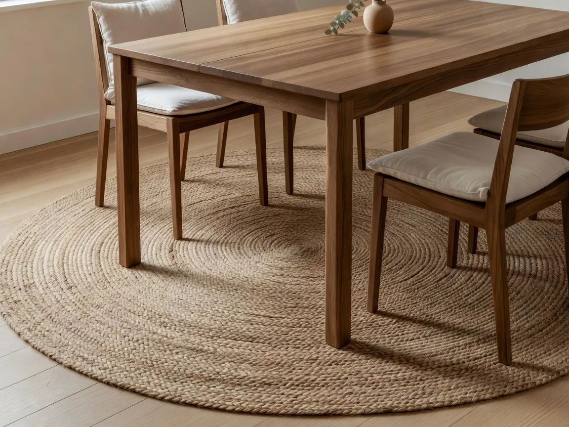 Un comedor con una alfombra redonda de fibra natural con un tamaño tal que las cuatro patas de cada silla quedan completamente sobre la alfombra incluso al retirarlas, previsualizado con una app visualizadora de alfombras con IA