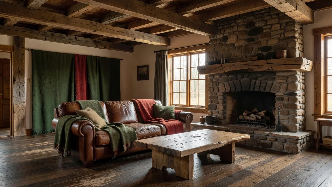 A photorealistic rustic living room with exposed reclaimed timber beams, a river-stone fireplace, a worn leather sofa, and wool throws created with AI interior design
