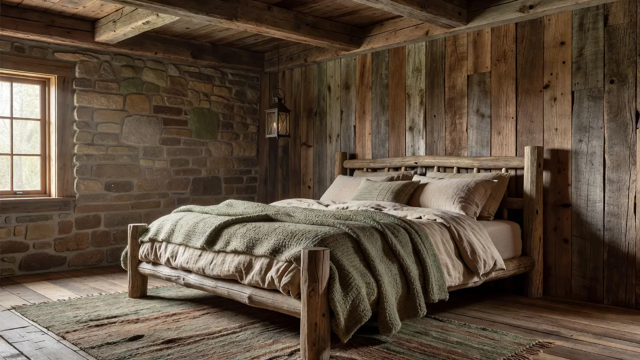 A photorealistic rustic bedroom with a log-framed bed, reclaimed plank accent wall, stone wall, exposed beams, and wool bedding created with AI interior design