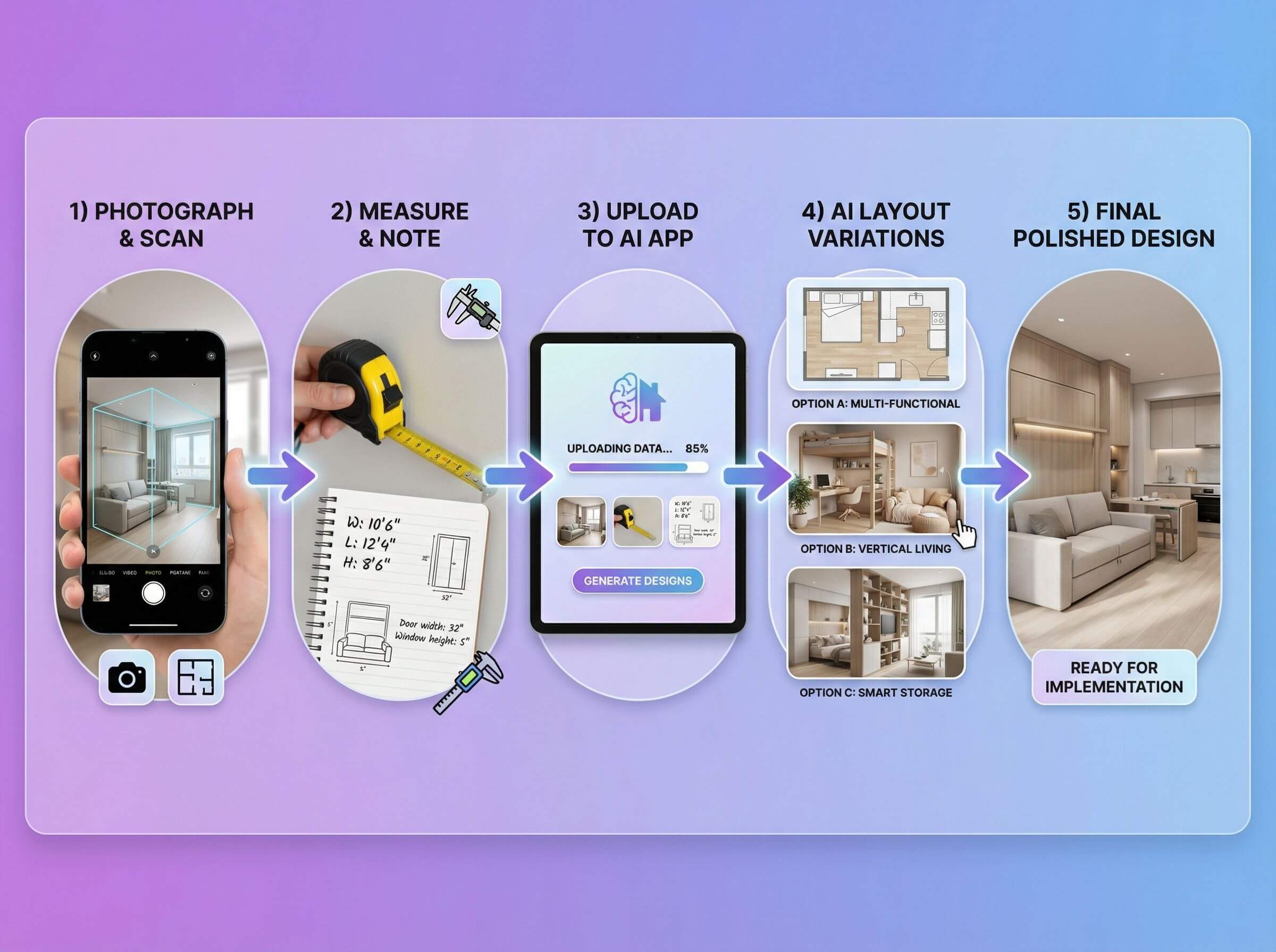 Step-by-step workflow diagram showing how to use AI tools for small space design from photography to final design