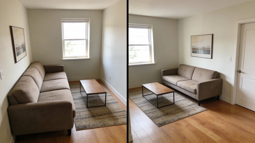 Side by side comparison showing different sofa sizes in same small living room using AI visualization