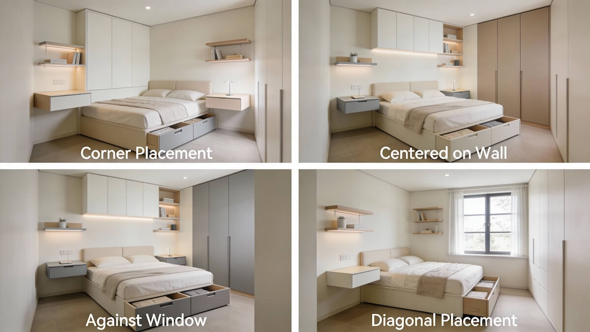 Four different small bedroom layout options generated with AI showing various bed placements and furniture arrangements
