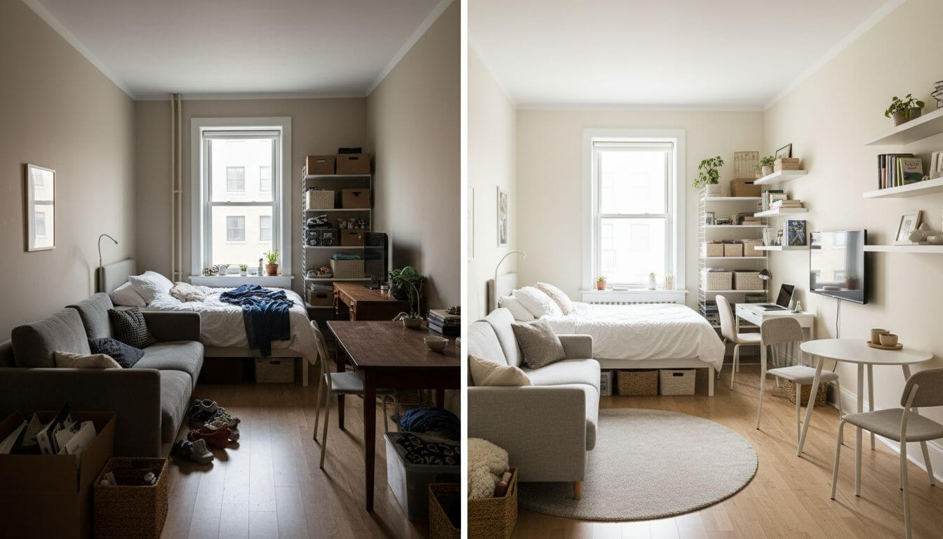 Before and after of small studio apartment transformed with AI interior design showing maximized space and smart furniture placement