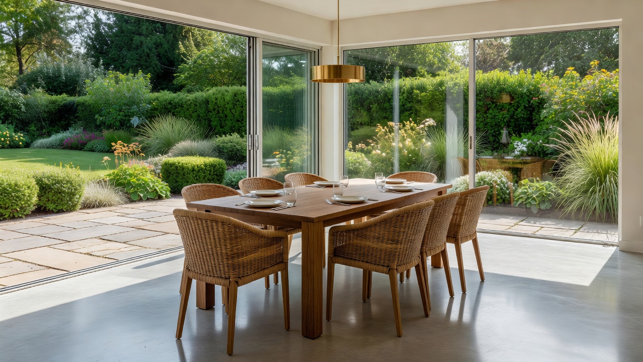 A sunroom dining area with a glass table and folding glass doors opening onto a patio, blending indoor and outdoor living space