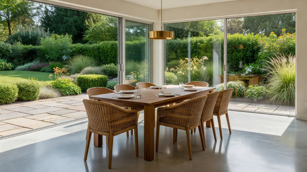 Un’area pranzo in veranda con un tavolo in vetro e porte pieghevoli in vetro che si aprono su un patio, unendo lo spazio abitativo interno ed esterno