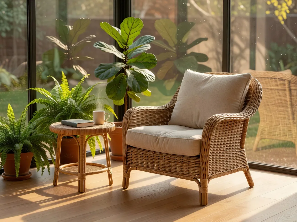 Un accogliente angolo lettura in veranda con una poltrona in rattan, un pouf intrecciato e luce naturale stratificata che filtra da finestre a tutta altezza
