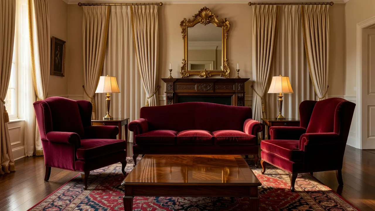 A photorealistic traditional living room with a camelback sofa, wingback chairs, a mahogany coffee table, layered drapery, and a Persian rug created with AI interior design