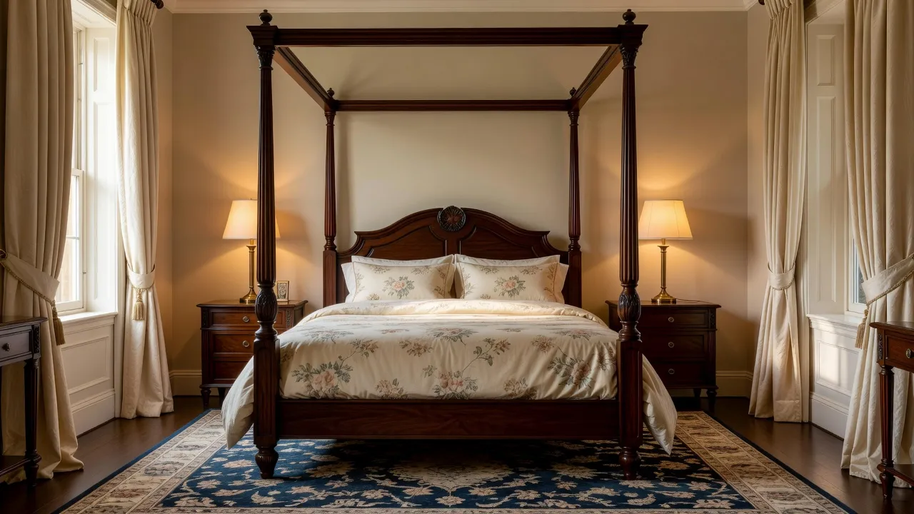 A photorealistic traditional bedroom with a four-poster bed, matching nightstands with brass lamps, floor-length drapery, and floral bedding