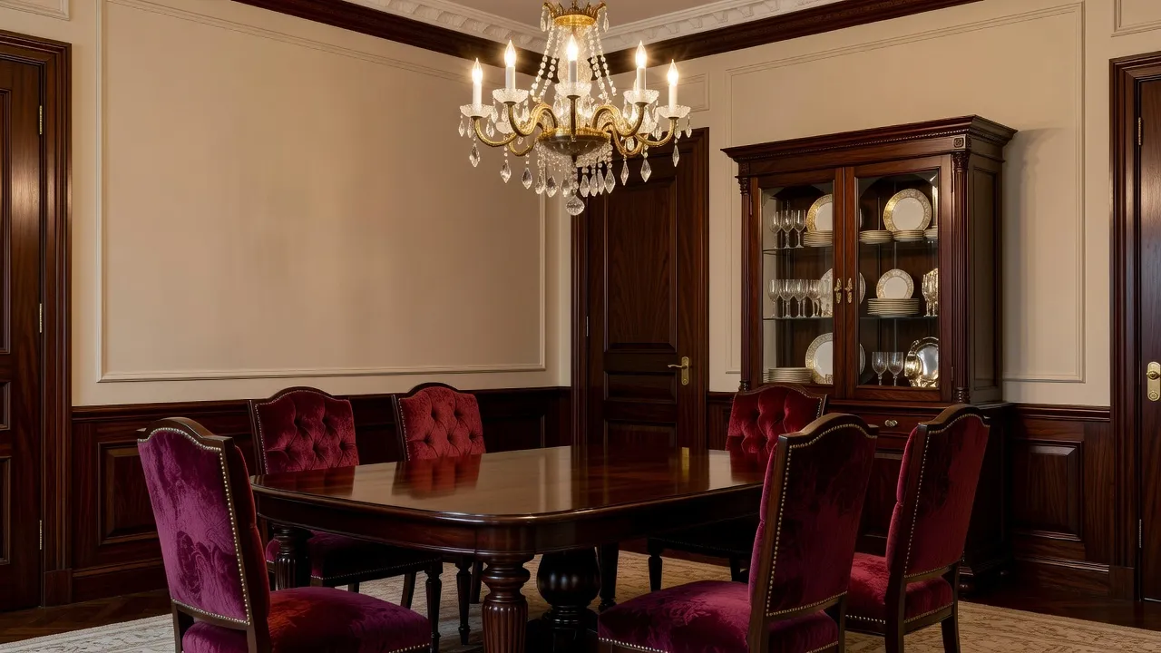 A photorealistic traditional dining room with a pedestal table, upholstered chairs with nailhead trim, a crystal chandelier, and a china cabinet