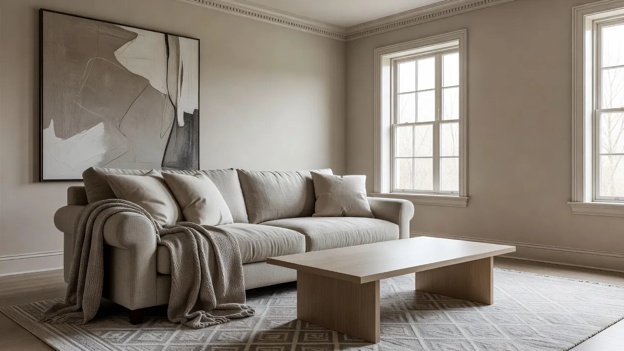 A photorealistic transitional living room with a rolled-arm linen sofa, clean-lined coffee table, and layered neutral textures created with AI