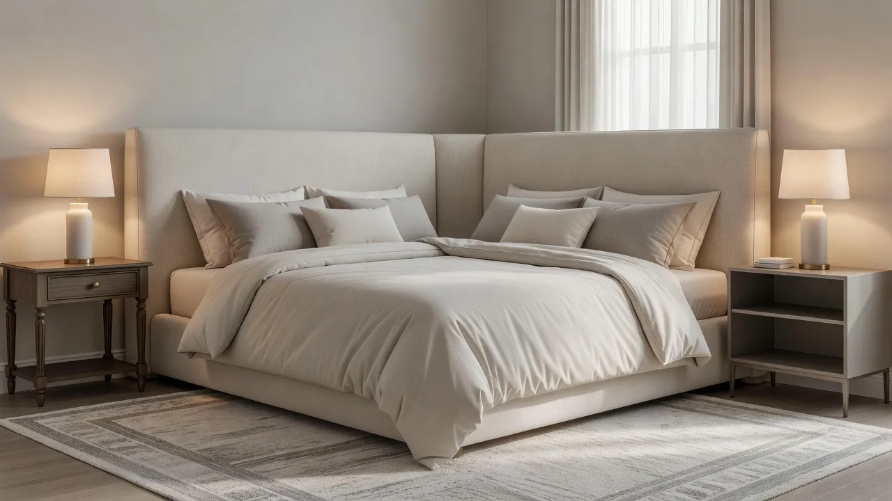 A photorealistic transitional bedroom with a large upholstered headboard, neutral cream and grey bedding, symmetrical nightstands, and soft morning light