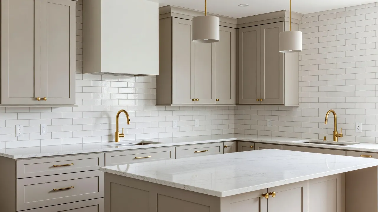 A photorealistic transitional kitchen with soft greige shaker cabinets, white quartz countertops, brass hardware, and clean-lined pendant lights