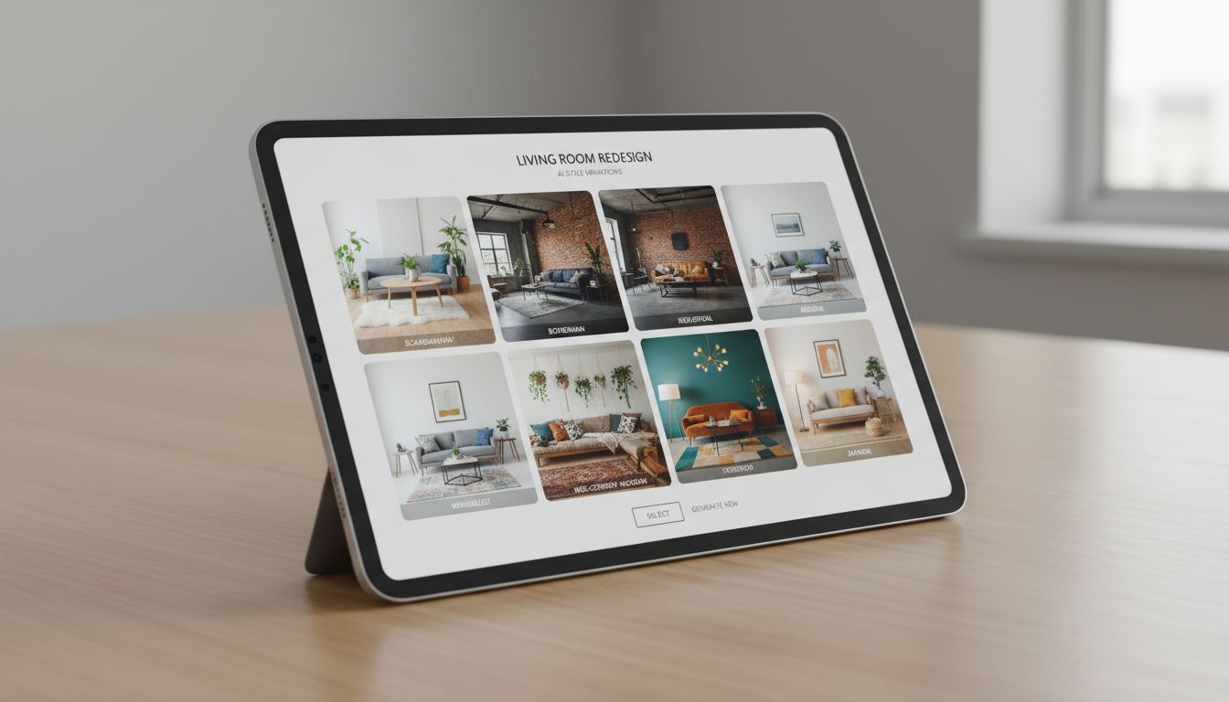 Grid showing same living room rendered in six different interior design styles by AI including modern, scandinavian, industrial, bohemian, minimalist and traditional