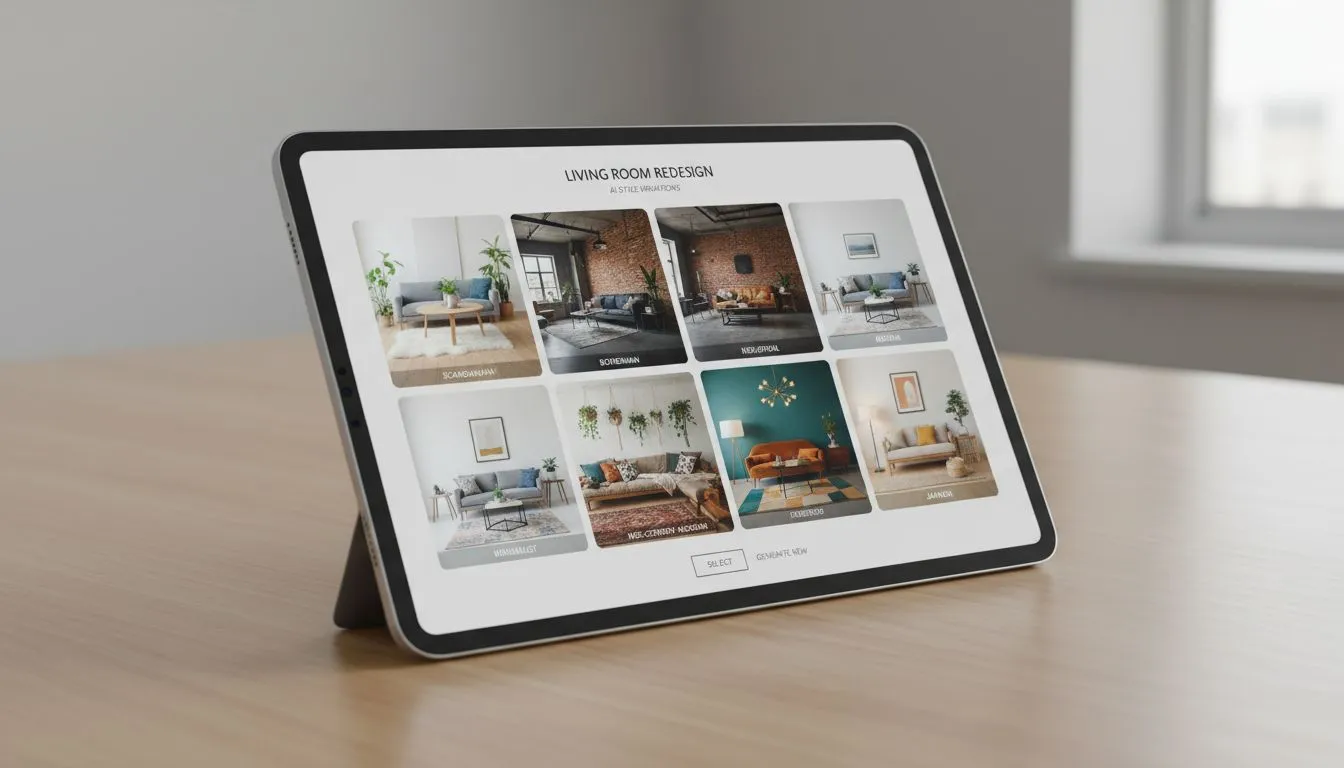 Grid showing same living room rendered in six different interior design styles by AI including modern, scandinavian, industrial, bohemian, minimalist and traditional