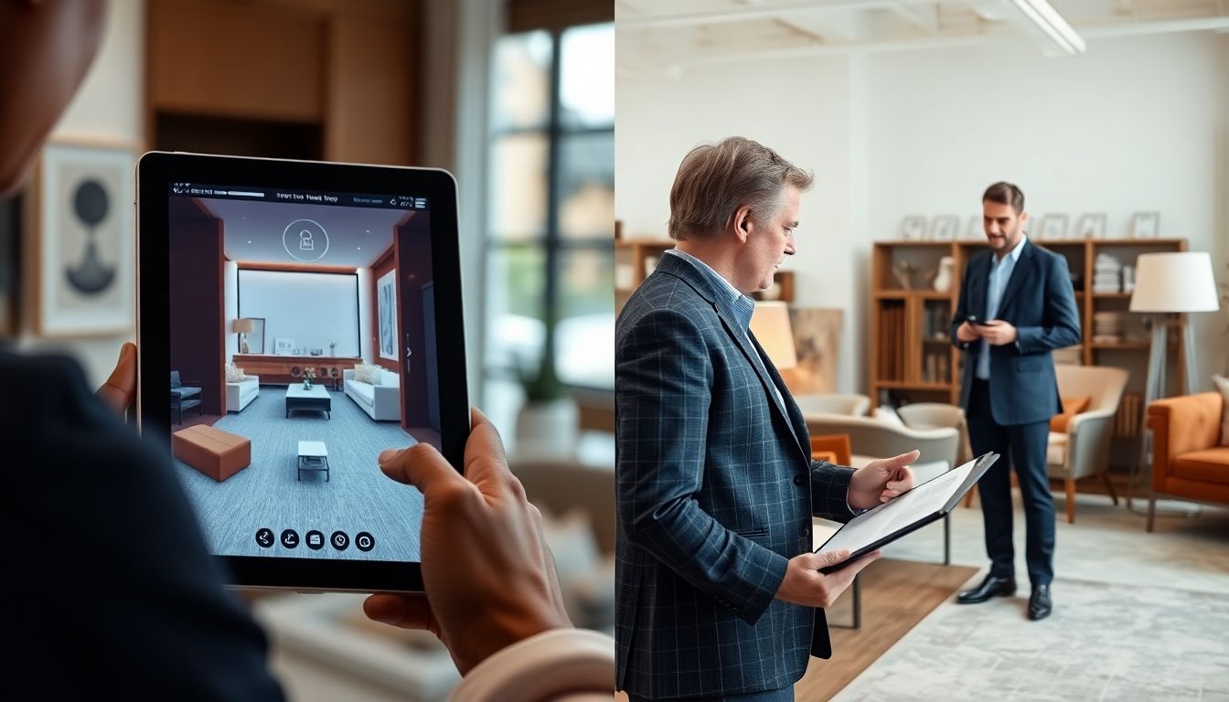 Split image comparing AI interior design interface on left with human interior designer consulting with clients on right