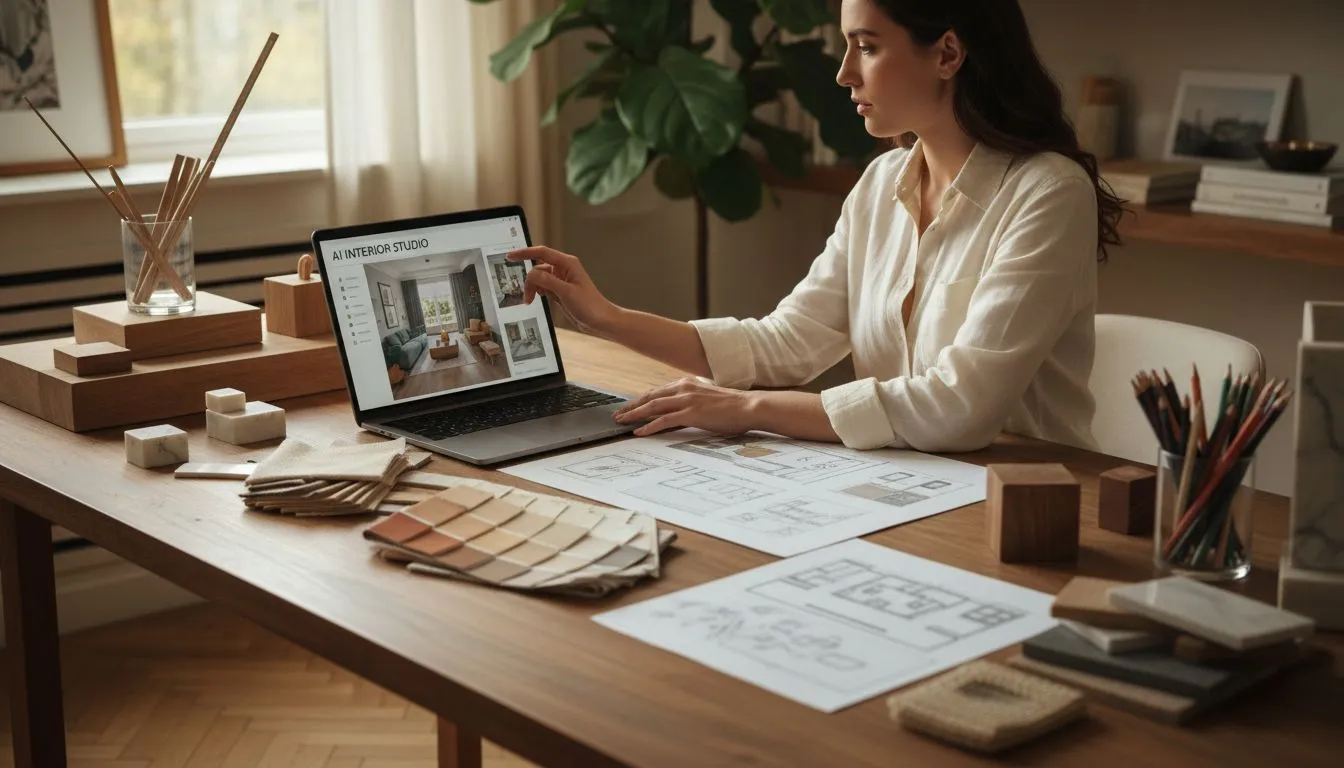 Designer and client reviewing AI-generated room visualizations on tablet screen during consultation meeting