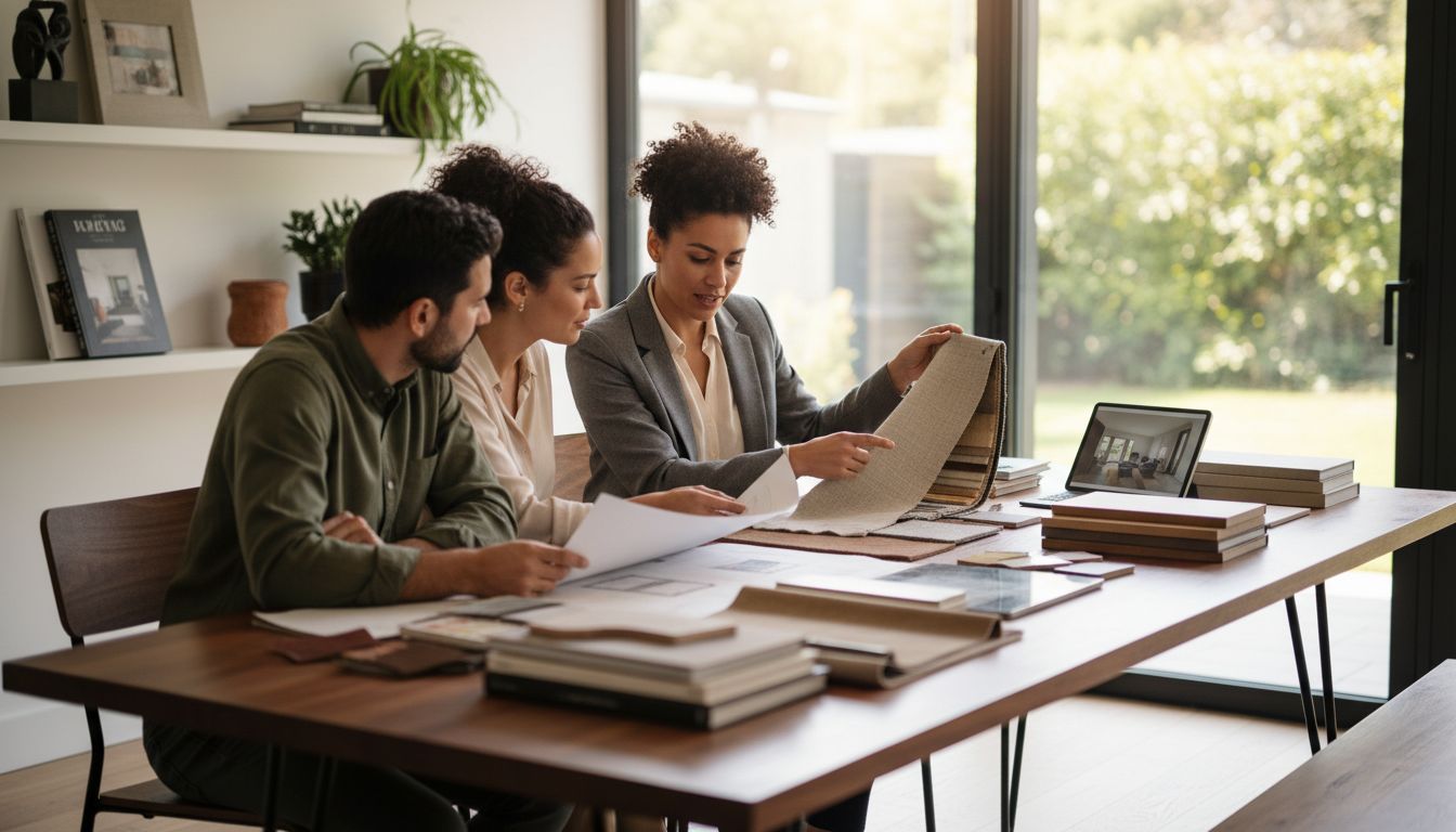 Professional interior designer reviewing fabric samples and floor plans with homeowner during in-home consultation
