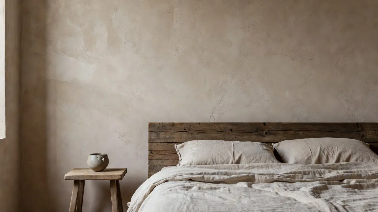 Una camera da letto wabi-sabi fotorealistica con una parete testurizzata trattata a calce, biancheria da letto in lino grezzo e un basso telaio del letto in legno, generata con il design d'interni IA