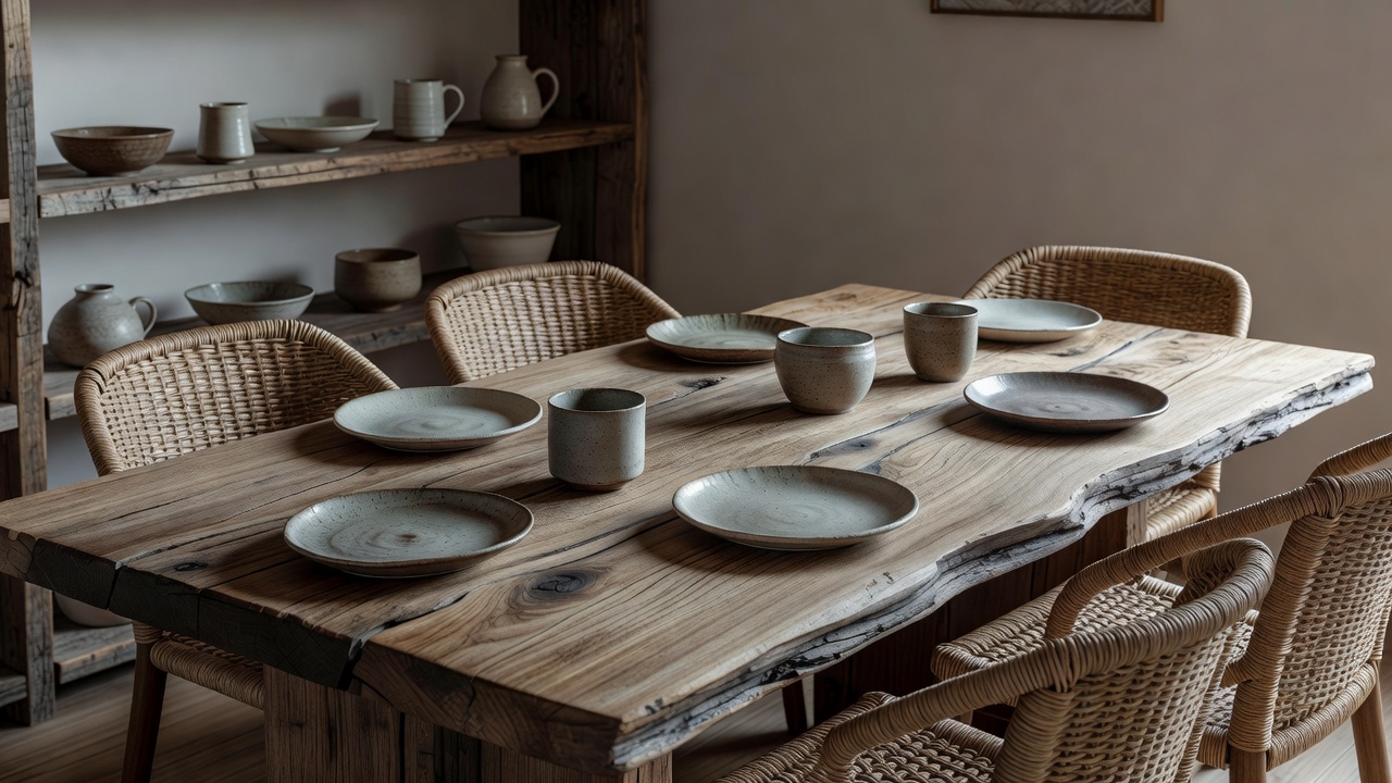 Un rincón de comedor wabi-sabi fotorrealista con una mesa de madera de borde vivo, loza artesanal y sillas tejidas en fibra natural, generado con diseño de interiores IA