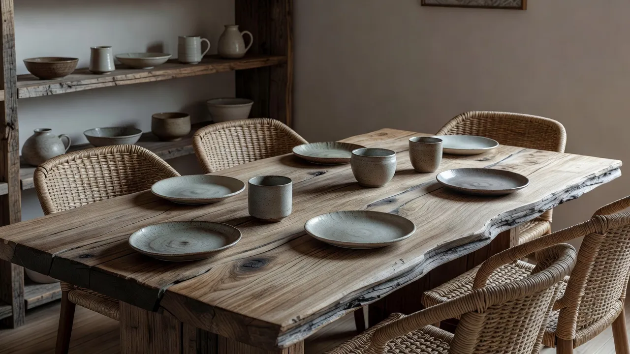 Un angolo pranzo wabi-sabi fotorealistico con un tavolo in legno a bordo vivo, gres fatto a mano e sedie intrecciate in fibra naturale, generato con il design d'interni IA