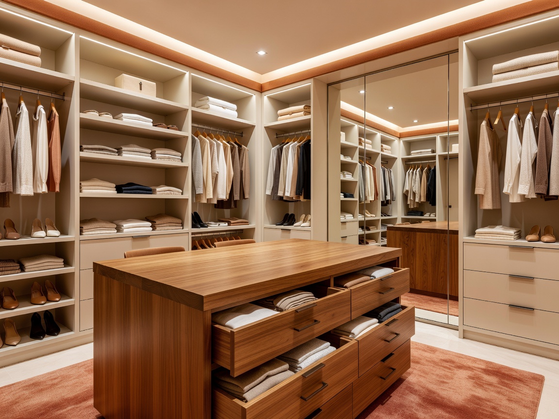 Um closet com uma ilha central de arrumação em madeira, gavetas para roupa dobrada e prateleiras do chão ao teto, desenhado com design de closet com IA
