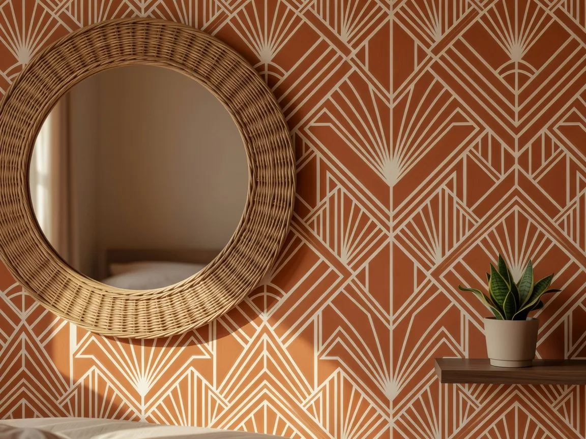 Eine Schlafzimmer-Akzentwand mit einem geometrischen Art-déco-Tapetenmuster in Terrakotta- und Cremetönen hinter einem runden Spiegel mit Rattanrahmen