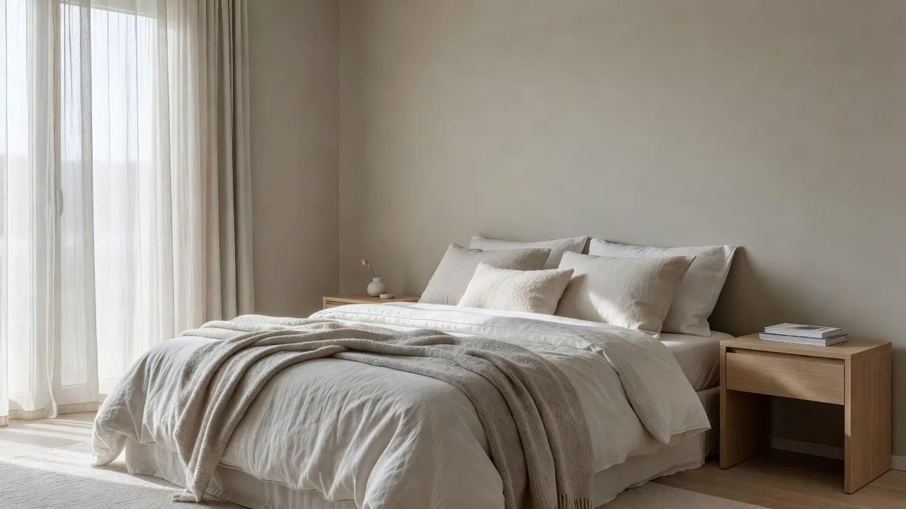 Quarto moderno e sereno combinando com a paleta de greige e carvalho da casa toda, com roupa de cama de linho quente e luz natural, criado com design de casa inteira com IA