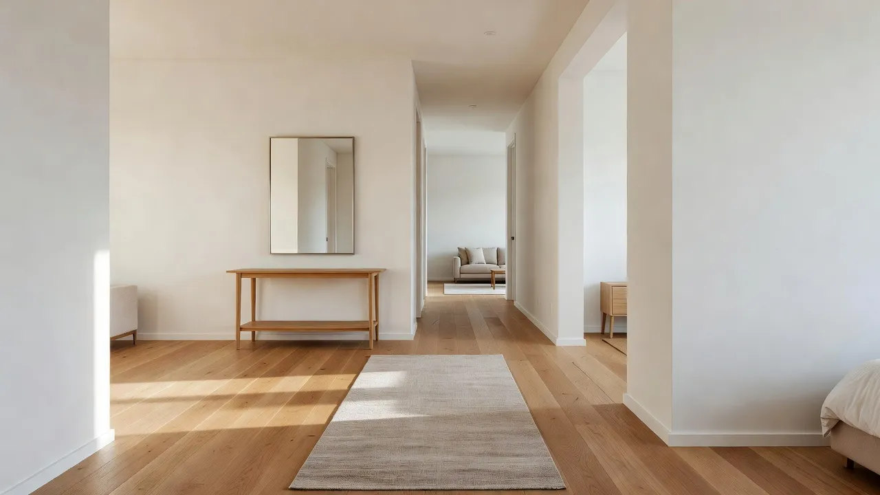 Entrada e corredor luminosos que conduzem a espaços de sala e quarto conectados em uma paleta neutra consistente, criados com design de casa inteira com IA