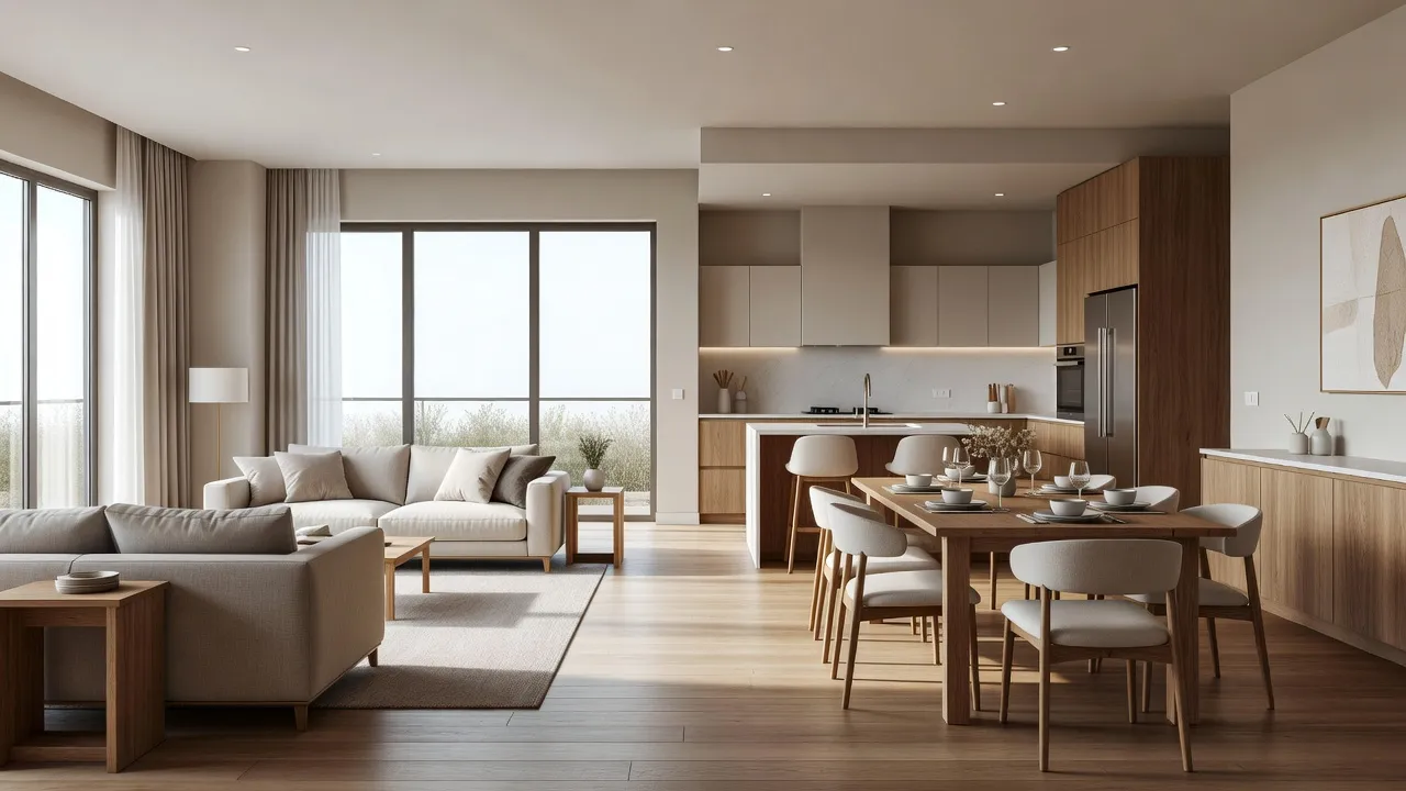 Casa de planta aberta com a sala fluindo para a área de jantar e a cozinha em uma paleta neutra e quente coesa, projetada com design de casa inteira com IA