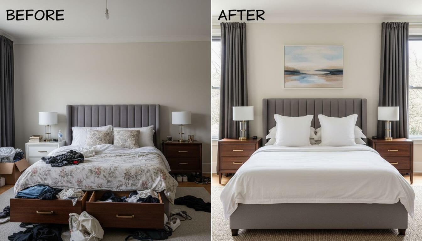 Before and after AI bedroom transformation from cluttered space to calm minimalist retreat with soft neutrals