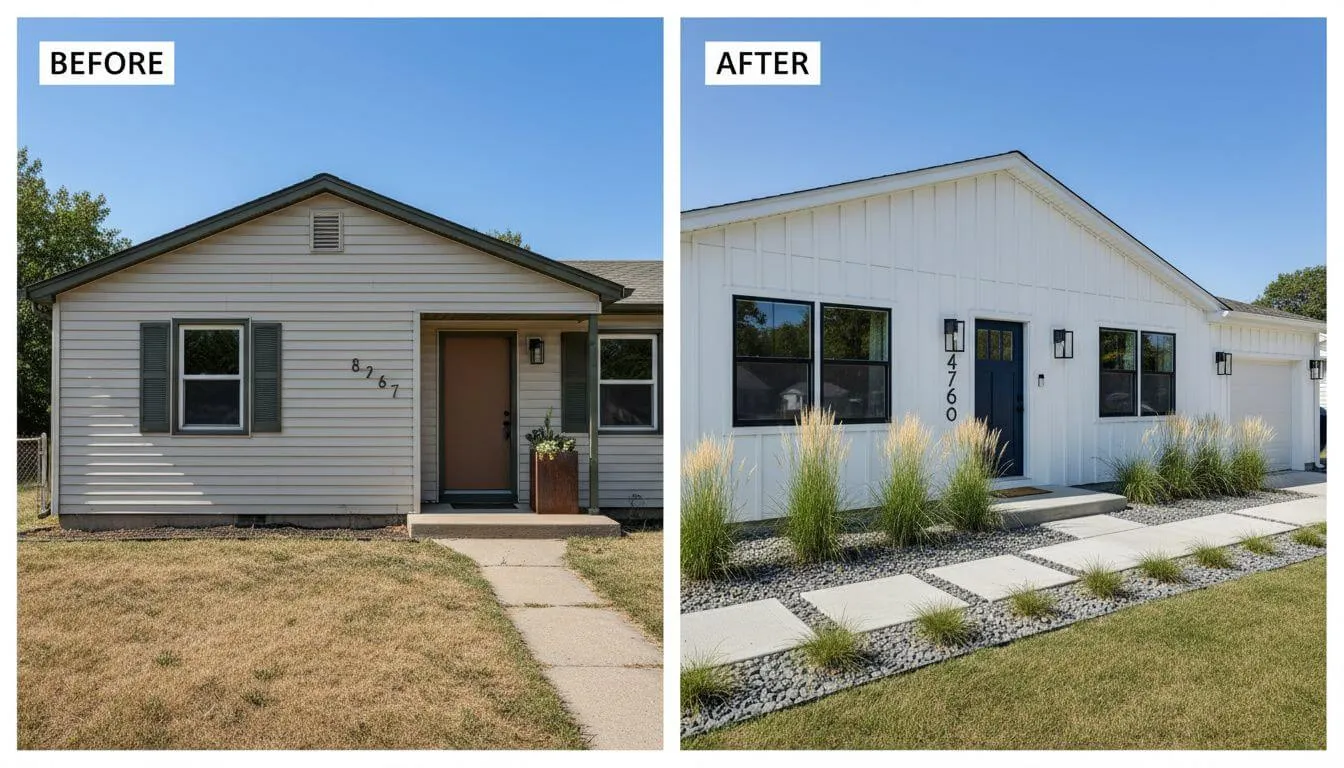 Before and after AI exterior transformation showing home with new paint colors landscaping and modern entry
