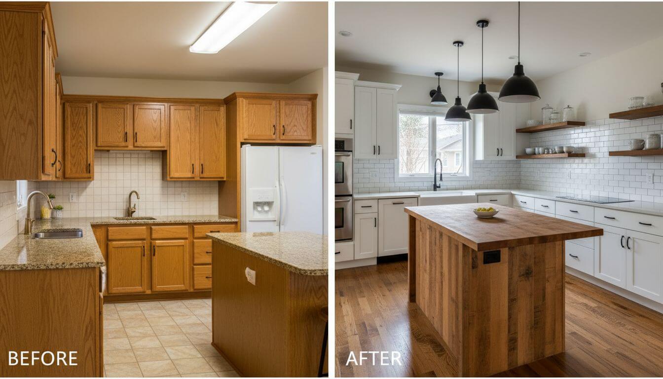 Before and after AI kitchen transformation from dated oak to modern farmhouse with white cabinets and open shelving