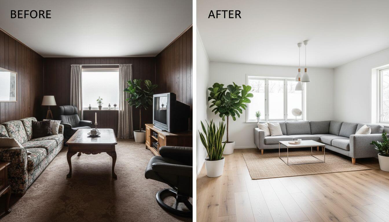 Before and after AI transformation of dated living room to bright Scandinavian design with white walls and natural wood