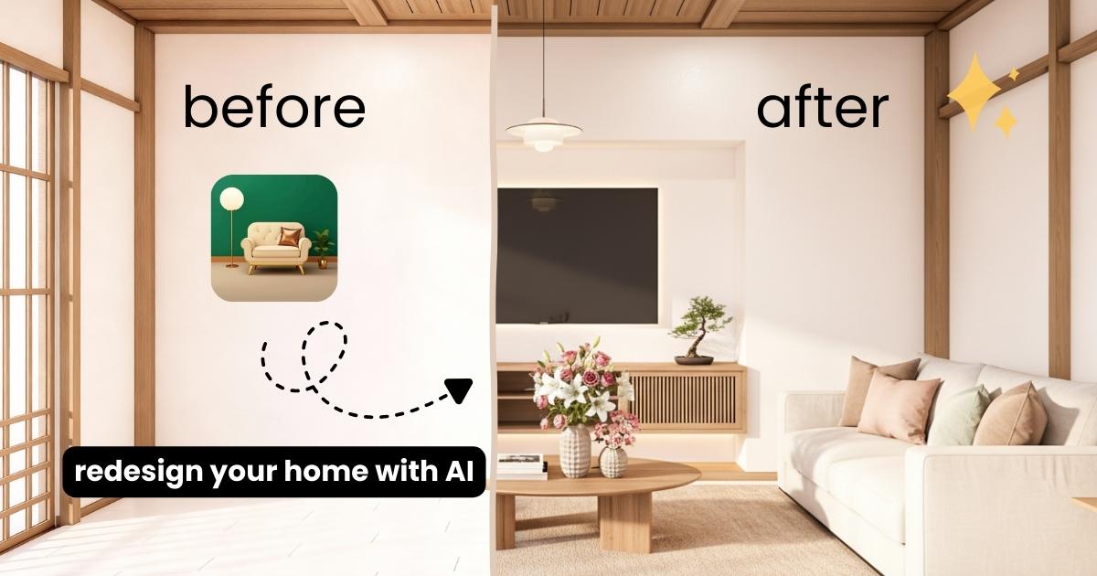 DecorAI app interface showing a before and after living room transformation