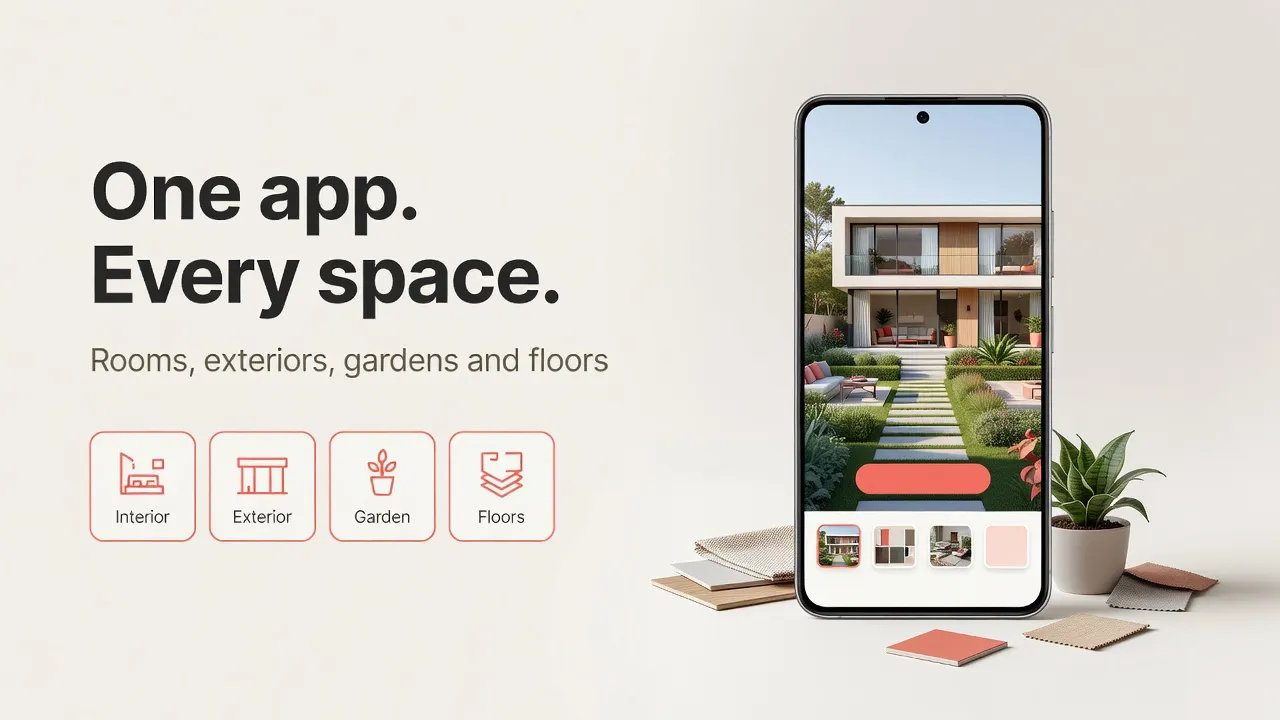 Android phone on a light wood surface showing DecorAI redesigning a house exterior and garden, next to feature tiles labelled Interior, Exterior, Garden and Floors