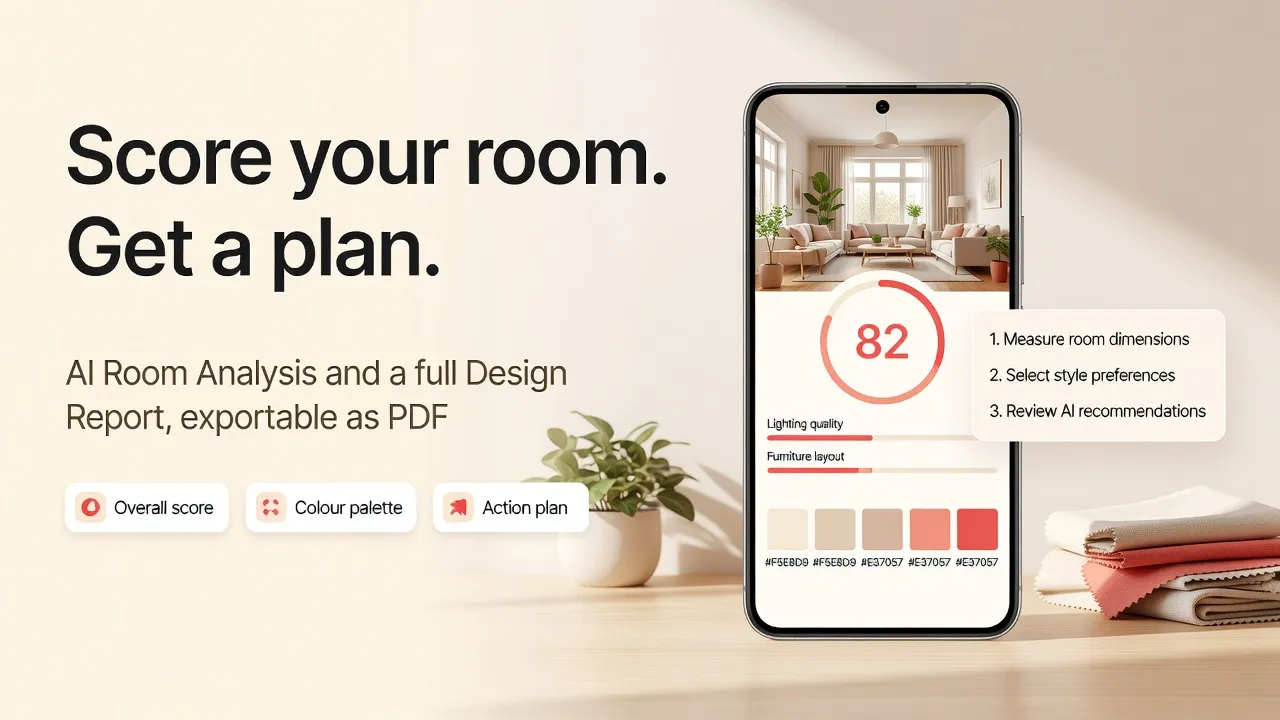 Android phone showing a DecorAI design report with a living room photo, an overall score ring, scored bars and a named color palette with hex codes