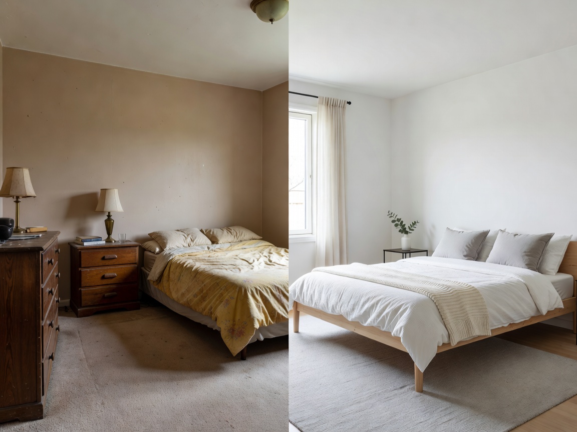 Photorealistic bedroom before and after transformation showing outdated decor redesigned into a bright modern Scandinavian bedroom by an AI interior design app