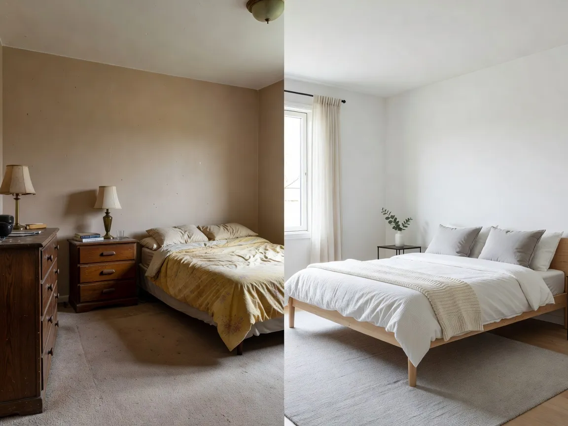 Photorealistic bedroom before and after transformation showing outdated decor redesigned into a bright modern Scandinavian bedroom by an AI interior design app