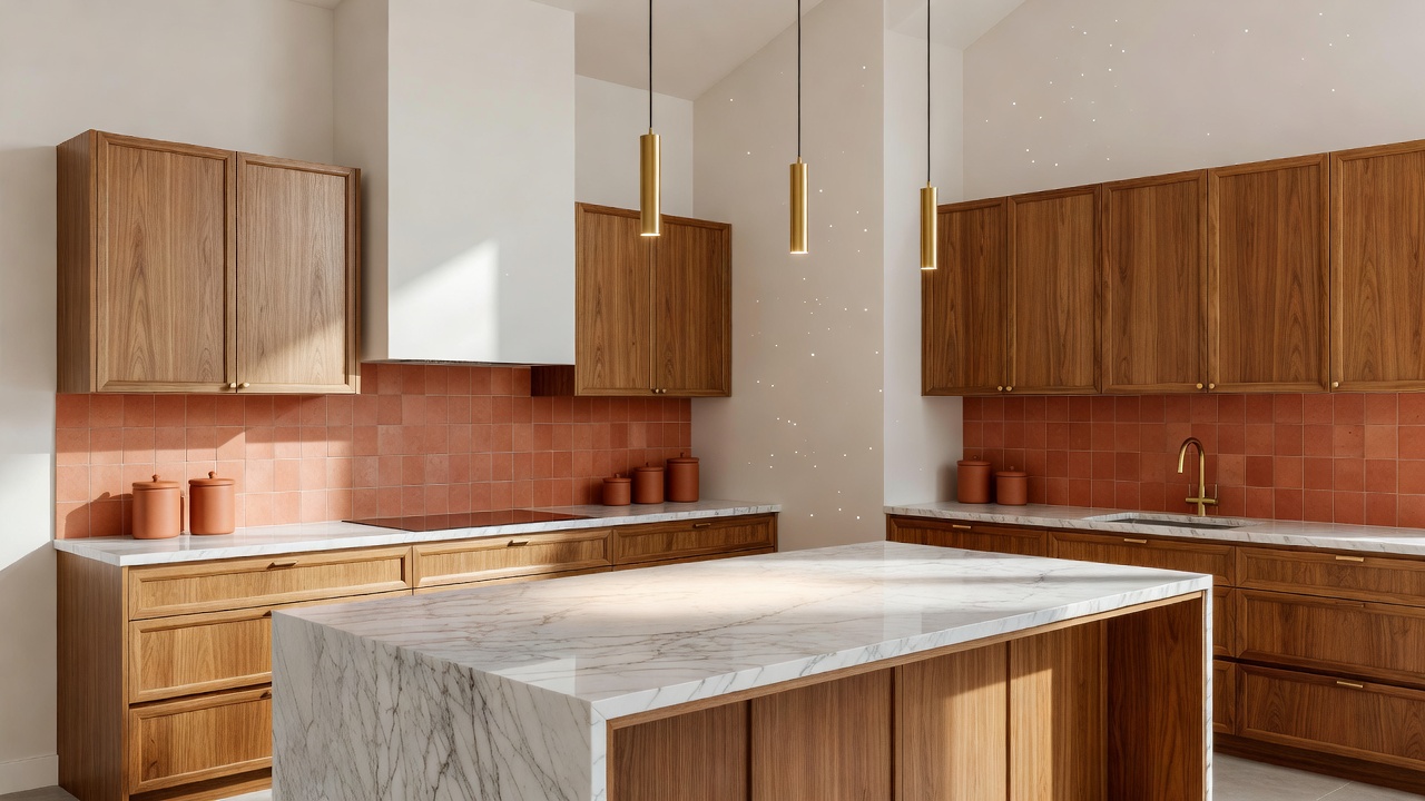 AI renovation visualizer showing a modern kitchen remodel with warm wood cabinetry and marble countertops generated from a room photo