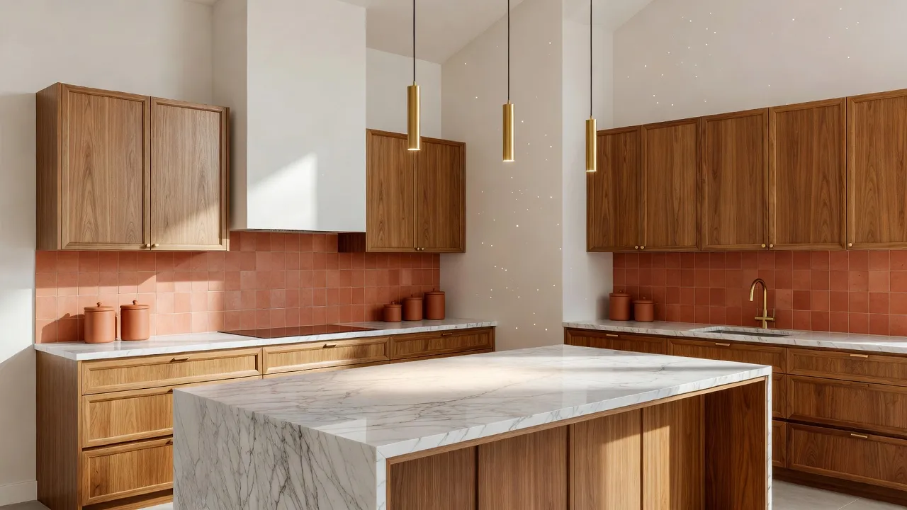 AI renovation visualizer showing a modern kitchen remodel with warm wood cabinetry and marble countertops generated from a room photo
